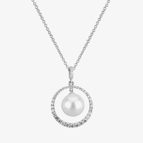 18ct White Gold Freshwater Pearl Diamond Set Open Circle Pendant POX80124DD