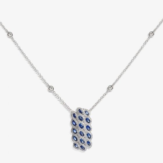18ct White Gold Marine Sapphire and Diamond Wave Cluster Necklace LG193/NA(BS)