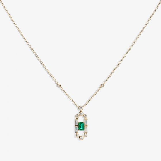 18ct Gold Gatsby Baguette-cut Emerald and Round Diamond Dropper Necklace LG194/NB(EM)