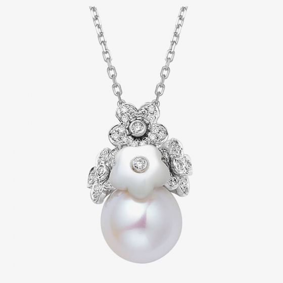Fei Liu Alyssum 18ct White Gold Diamond 0.11ct & Pearl Cluster Pendant ALY-750W-304-MPPL