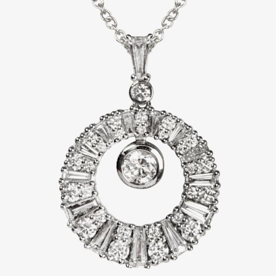 18ct White Gold 1.55ct Baguette & Brilliant Cut Diamond Open Circle Pendant LG212/PA