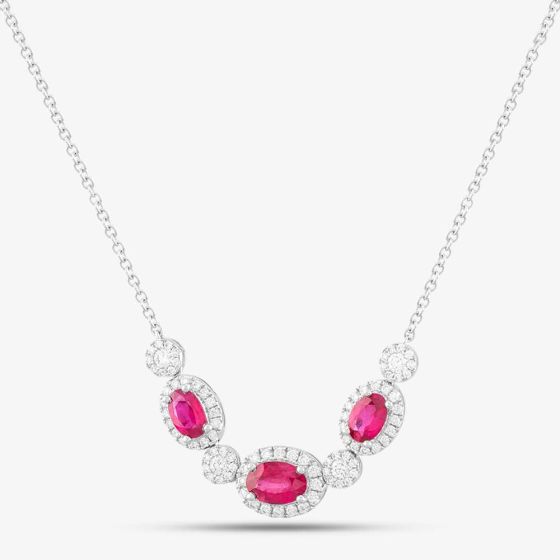 18ct White Gold 1.67ct Oval Cut Ruby & 0.68ct Brilliant Cut Diamond Halo Necklace N02990R 18KW