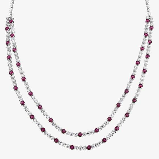 18ct White Gold Ruby & Diamond Two Row Necklace HSN1061(RU)