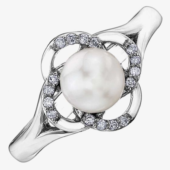 9ct White Gold Freshwater Pearl and Diamond Flower Ring 54C64WG-10