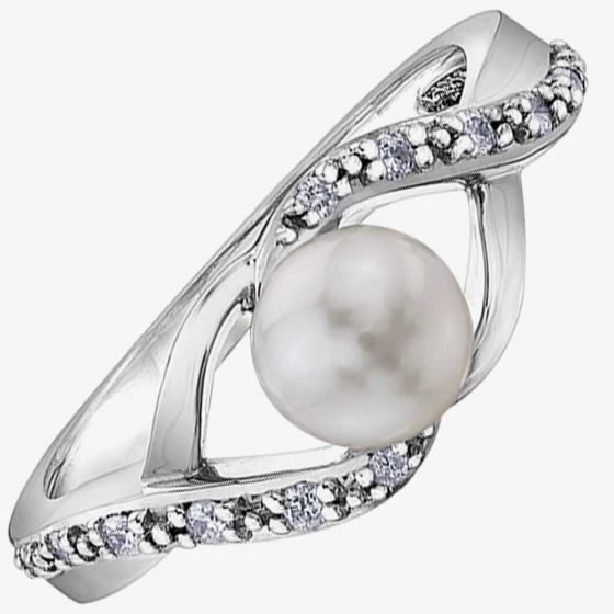 9ct White Gold Freshwater Pearl and Diamond Twist Ring 52D04WG-10