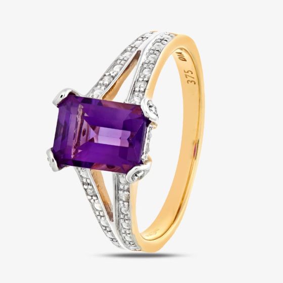 9ct Yellow Gold Emerald Cut Amethyst & 0.13ct Diamond Split Shoulder Ring PR06767Y AM