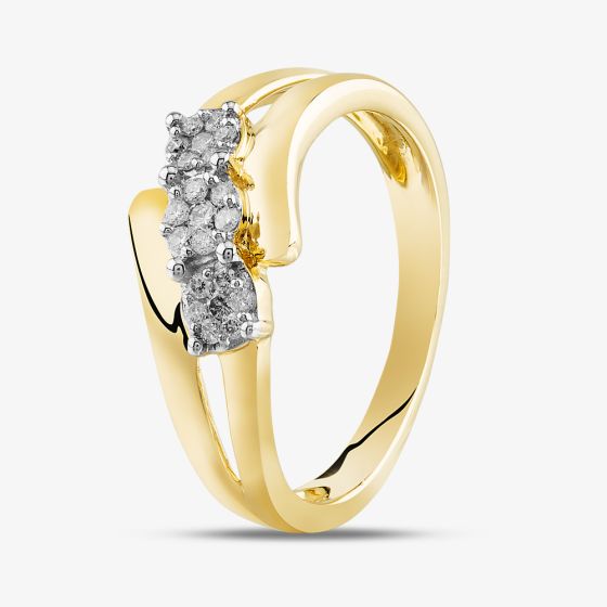 9ct Yellow Gold 0.15ct Diamond Flower Clusters Crossover Ring TH014816R