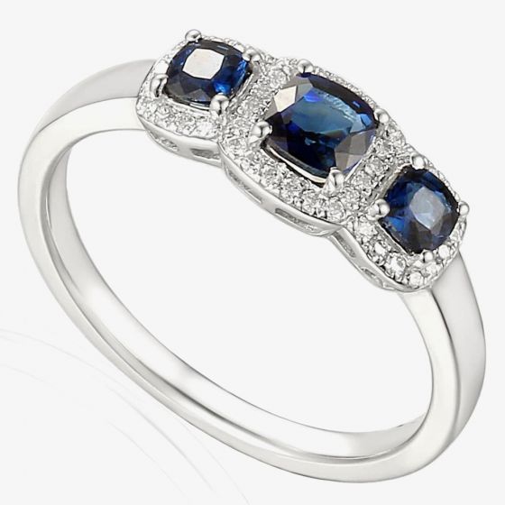 18ct White Gold Sapphire and Diamond Trilogy Cluster Ring EC1031/SA/WG