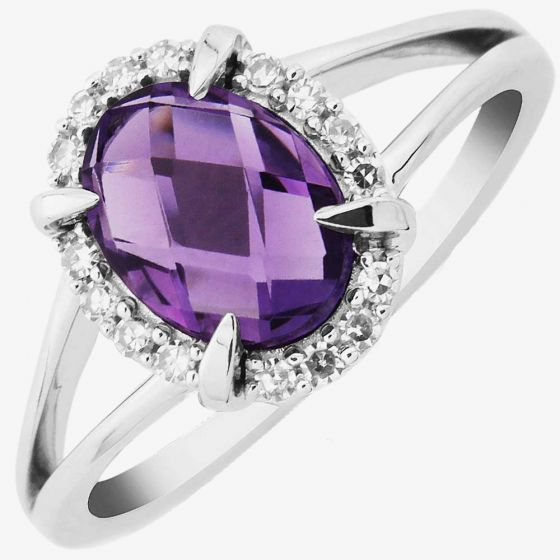 9ct White Gold Oval Claw Set Amethyst and Diamond Cluster Ring DAR1448W