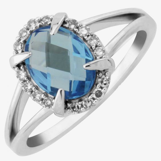 9ct White Gold Oval Claw Set Blue Topaz and Diamond Cluster Ring DBTR1448W