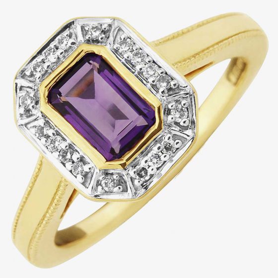 9ct Emerald-Cut Amethyst and Round Diamond Cluster Ring DAR1410