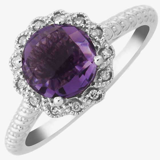 9ct White Gold Brilliant-Cut Amethyst and Diamond Cluster Ring DAR1444W