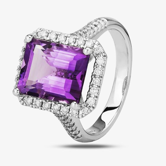 9ct White Gold Baguette Cut Amethyst and Round  Diamond Cluster Shouldered Ring R4099-119AM