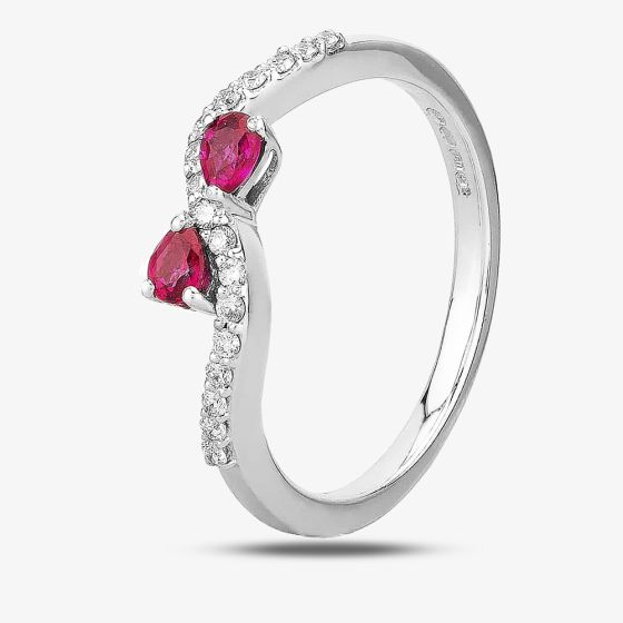 18ct White Gold Ruby and Diamond Wave Ring 9719/18W/DQ7R-0.13CT N