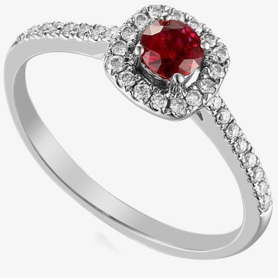 18ct White Gold Ruby and Diamond Shouldered Halo Ring EC1004-M/RU/WG M