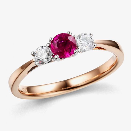 18ct Rose Gold Diamond Ruby 3 Stone Ring 14.08408.010