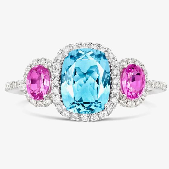 Tivon 18ct White Gold Diamond & Cushion Cut Aquamarine & Sapphire Ring RW-0433-AQPS