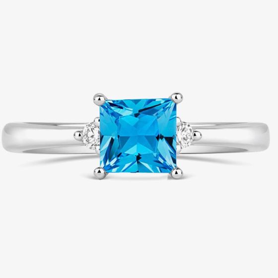 Tivon 18ct White Gold Princess Cut 0.60ct Blue Topaz Three Stone Ring RW-1654-BT