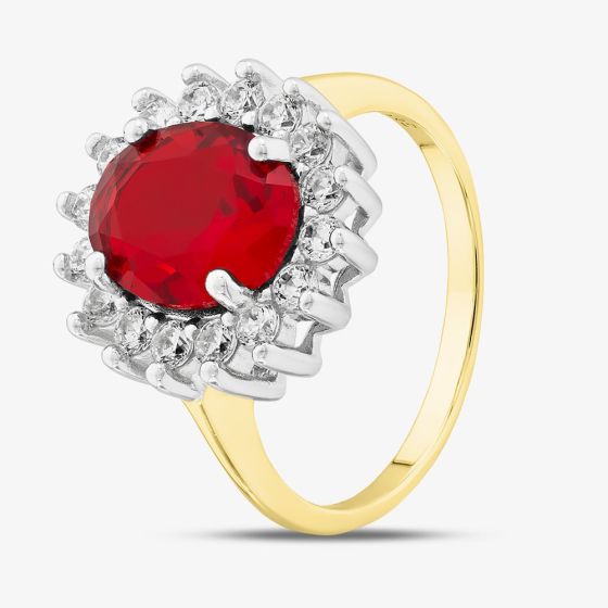 Silver Gold Plated Oval Cut Red & White Cubic Zirconia Halo Ring S2161Y