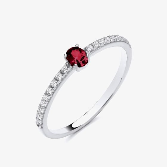 Sterling Silver Oval Cut Simulated Ruby & Cubic Zirconia Shoulder Set Solitaire Ring S2234