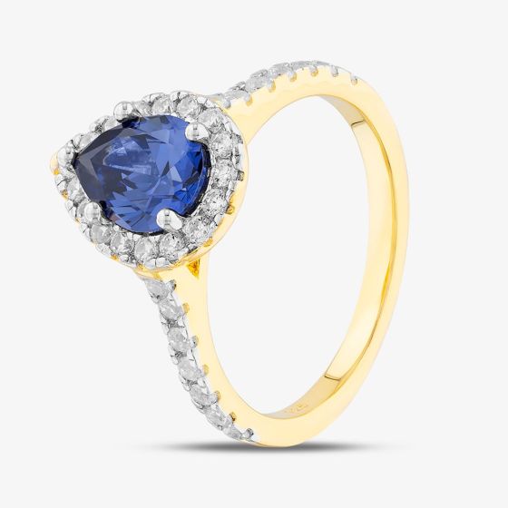 Silver Gold Plated Blue Pear Cut Cubic Zirconia Shoulder Set Halo Ring S2186Y