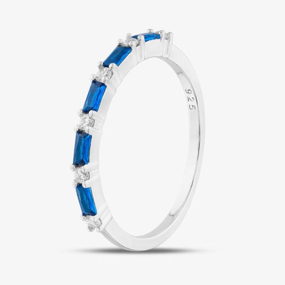 Sterling Silver Blue Baguette & Brilliant Cut Cubic Zirconia Half Eternity Ring S22057