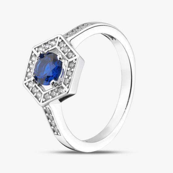 Rhodium Plated Sterling Silver Blue & White Cubic Zirconia Hexagon Halo Ring 8.84.0911