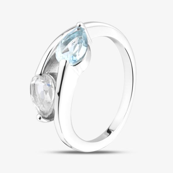Rhodium Plated Sterling Silver Blue & White Topaz Crossover Ring 8.86.0059