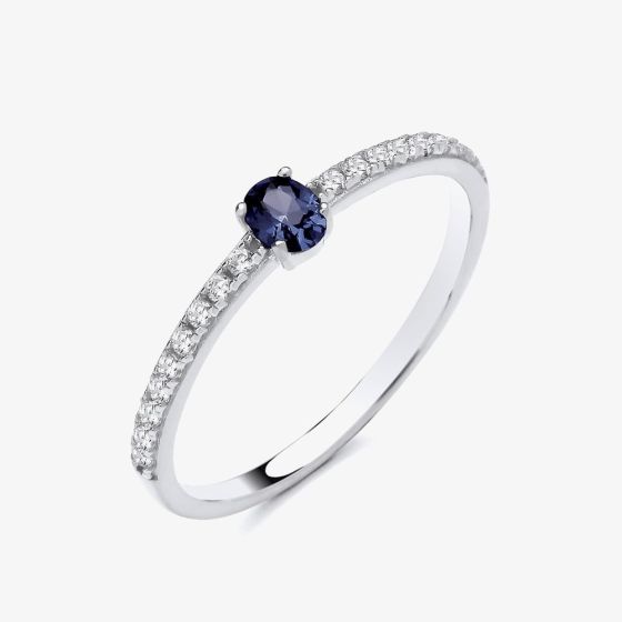 Sterling Silver Oval Cut Simulated Sapphire & Cubic Zirconia Shoulder Set Solitaire Ring S2232