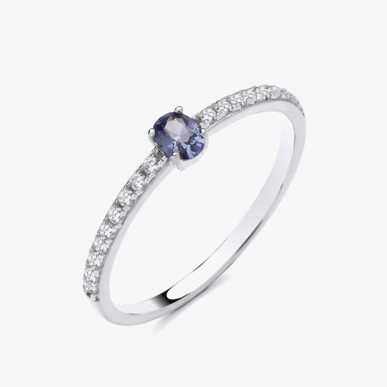 Sterling Silver Oval Cut Simulated Tanzanite & Cubic Zirconia Shoulder Set Solitaire Ring S2235
