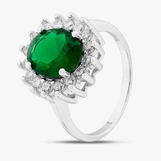 Sterling Silver Oval & Brilliant Cut Green Cubic Zirconia Halo Ring S2160