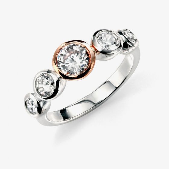 Silver And Rose Gold Cubic Zirconia 5 Stone Ring R3321C 
