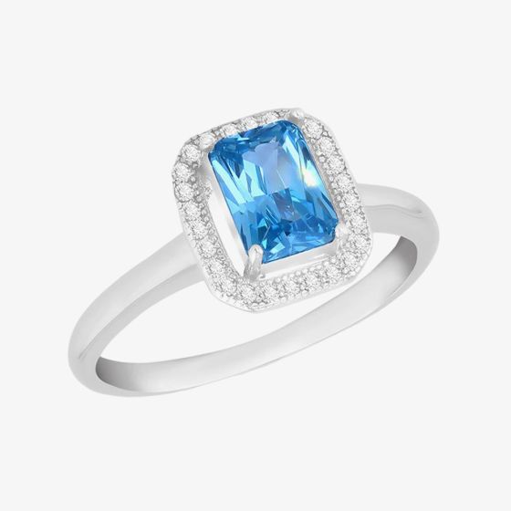 Silver Blue Cubic Zirconia Rectangular Halo Ring 8.84.1161