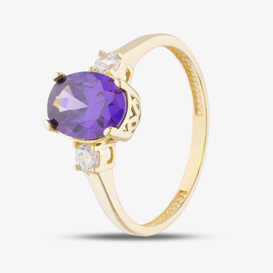 9ct Yellow Gold Oval Cut Purple Cubic Zirconia Three Stone Ring RBE045AM