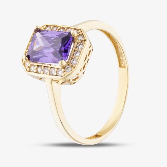 9ct Yellow Gold Purple Emerald Cut Cubic Zirconia Halo Ring RBE047AM