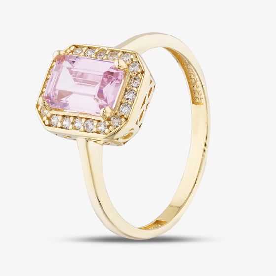9ct Yellow Gold Pink Emerald Cut Cubic Zirconia Halo Ring RBE047PNK