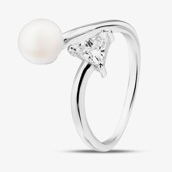 Sterling Silver Pearl and Cubic Zirconia Crossover Ring ROW70012FW