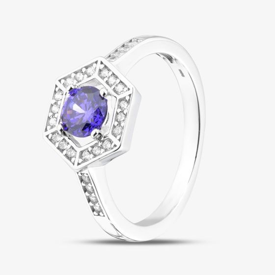 Rhodium Plated Sterling Silver Purple & White Cubic Zirconia Hexagon Halo Ring 8.84.0991
