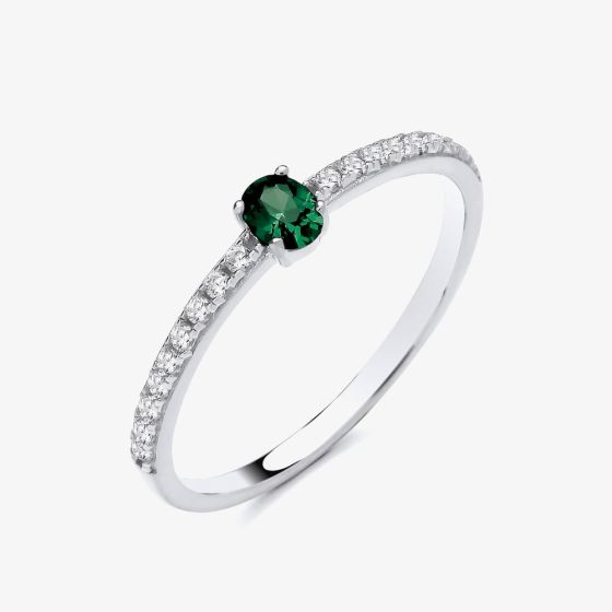 Sterling Silver Oval Cut Simulated Emerald & Cubic Zirconia Shoulder Set Solitaire Ring S2233