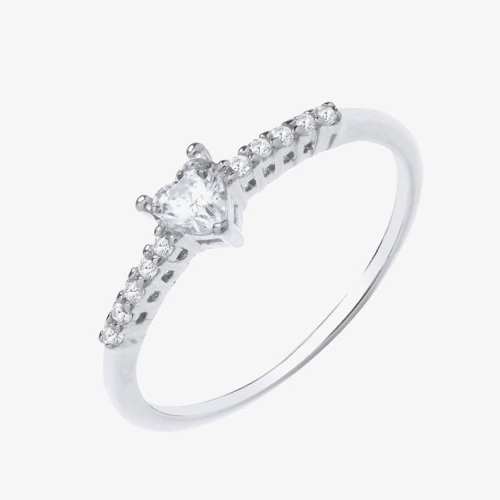 Sterling Silver Heart Cut Cubic Zirconia Shoulder Set Solitaire Ring S2112