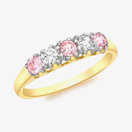 9ct Yellow Gold 5-Stone Pink and White Crystal Ring 1.84.6561