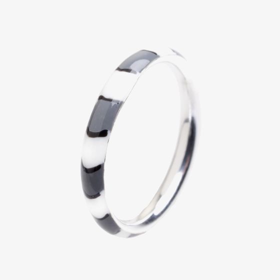 Silver Black and White Striped Band Ring RI-559