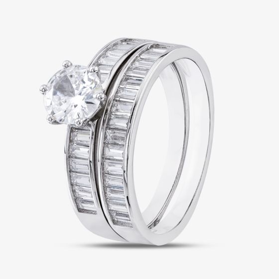 Silver Baguette Cut Cubic Zirconia Two Row Shoulder Set Solitaire Ring R6595