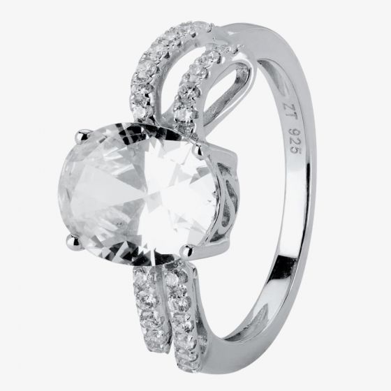 Silver Clear Oval Cubic Zirconia Wave Shoulders Ring SR0069-CZ