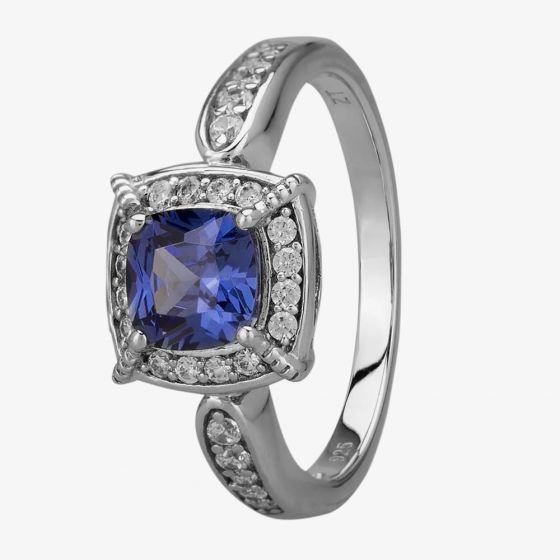 Silver Blue Cushion Cubic Zirconia Shoulders Ring SR0089-CZ-T