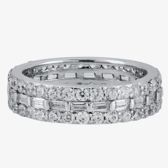 Silver Clear Rectangle Round Cubic Zirconia 3 Row Ring R7639-1-CZ