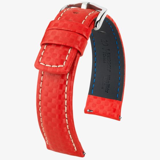 HIRSCH CARBON Long Embossed Red Leather Watch Strap 025 92 0 20-2