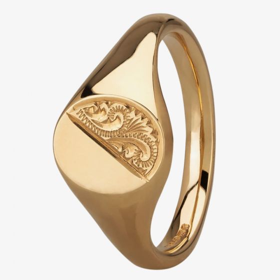 9ct Gold Ladies Half Engraved Oval Signet Ring FSR1-10X8