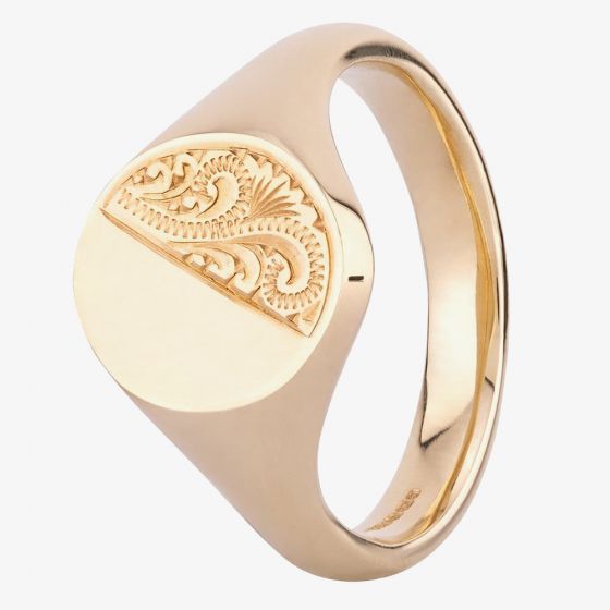 9ct Gold Mens Half Engraved Oval Signet Ring FSR1-14X12