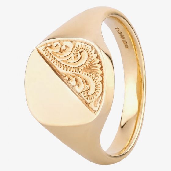 9ct Gold Mens Half Engraved Heavy Cushion Signet Ring FSR2-13X12